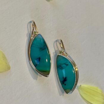 14K yellow gold earrings featuring opalized wood drops accented with yellow diamonds