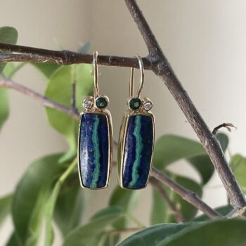 Azure Malachite drop earrings with tourmaline and diamond accents set in 14K yellow gold