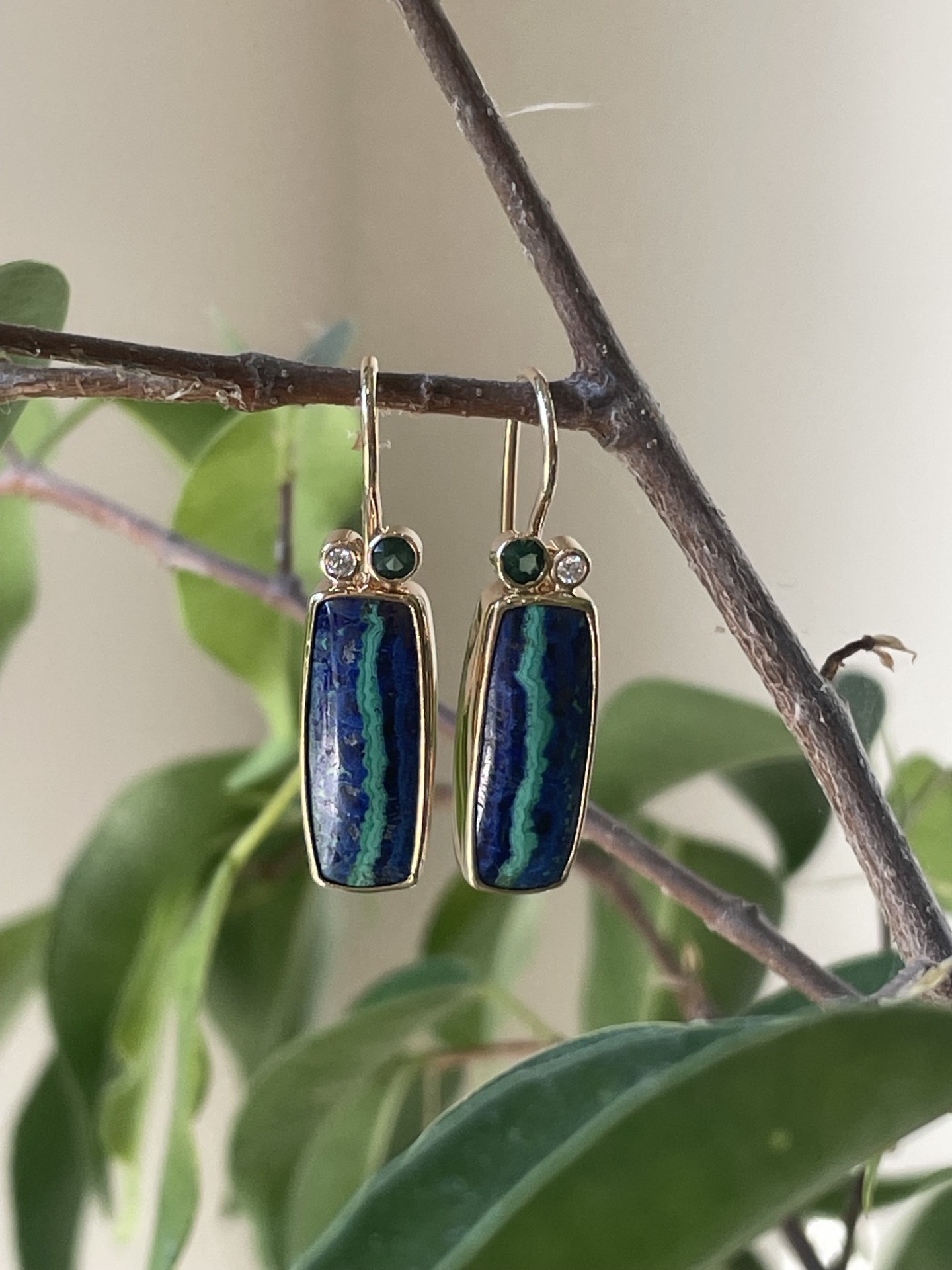 Azure Malachite drop earrings with tourmaline and diamond accents set in 14K yellow gold