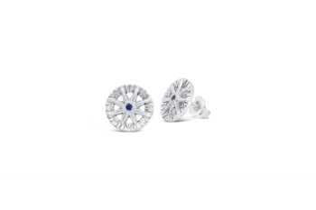 Compass Rose Sapphire Stud Earrings in 14K White Gold featuring round blue sapphires