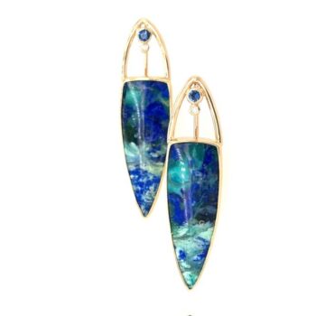 Azurite Malachite earrings accented with sapphire and diamond in 14K yellow gold with French wire closure