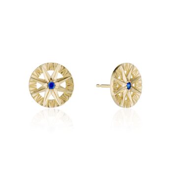 Compass Rose Sapphire Stud Earrings in 14K Yellow Gold featuring round blue sapphires