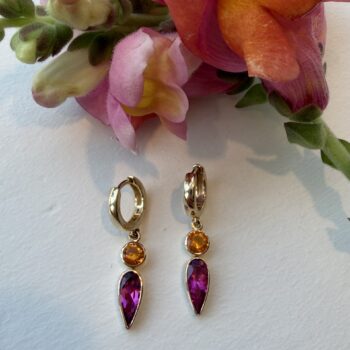 14K yellow gold huggie earrings with pink tourmaline and cherry opal gemstones