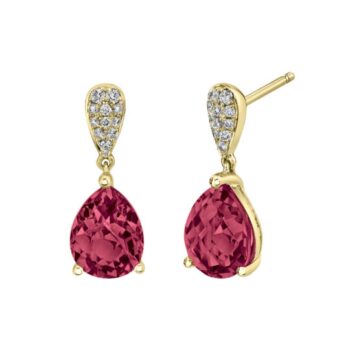 Rhodolite garnet and pavé diamond drop earrings in 14K yellow gold featuring pear-shaped magenta garnets