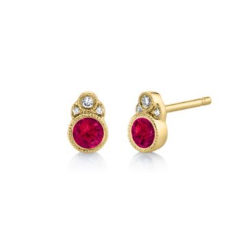 14K yellow gold stud earrings with two round red rubies and six small diamonds