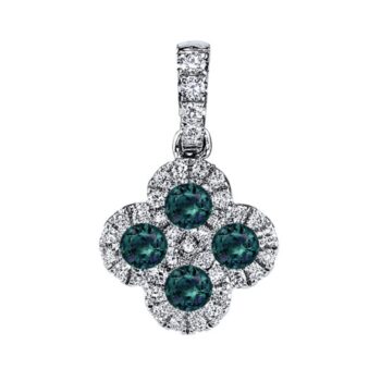 Quatrefoil pendant with four round teal-purple alexandrite gemstones surrounded by 37 round diamonds, set in 14K white gold