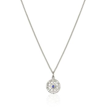 Blue sapphire round gemstone compass rose pendant set in 14K white gold