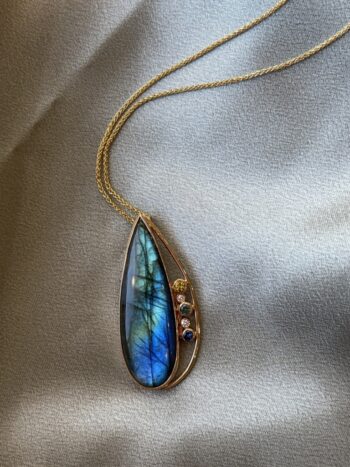 Free Form Labradorite Pendant set in 14K yellow gold with organic flowing design