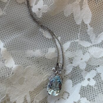 Aquamarine drop necklace featuring a 4.23ct light blue pear-shaped aquamarine and twelve pear-shaped diamonds set in 14K white gold