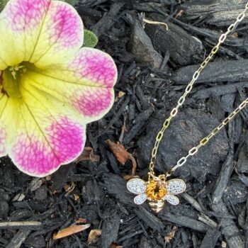 14K yellow gold bee pendant with round orange citrine gemstone and diamond accents