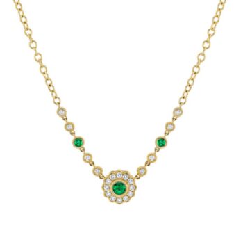 Emerald and diamond necklace in 14K yellow gold with adjustable 16-18 inch chain showcasing a green round emerald surrounded by small round diamonds