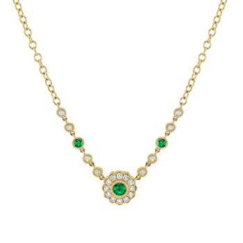 Emerald and diamond necklace in 14K yellow gold with adjustable 16-18 inch chain showcasing a green round emerald surrounded by small round diamonds