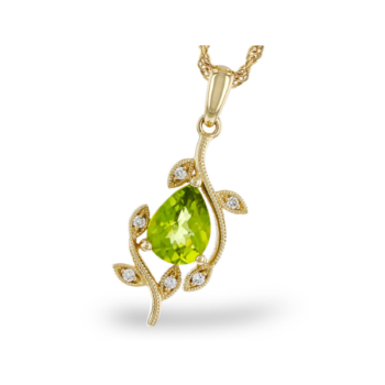 14K yellow gold pendant necklace with pear-shaped lime green peridot and six small diamonds on 18-inch rope chain