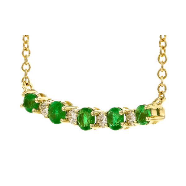 Emerald and round diamond necklace in 14K yellow gold with adjustable chain
