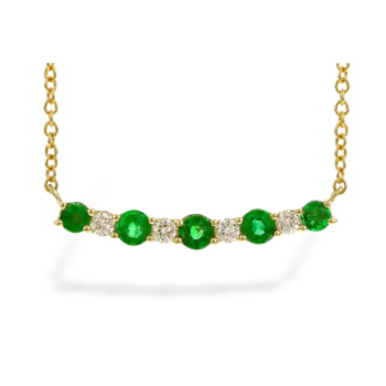 Emerald and round diamond necklace in 14K yellow gold with adjustable chain