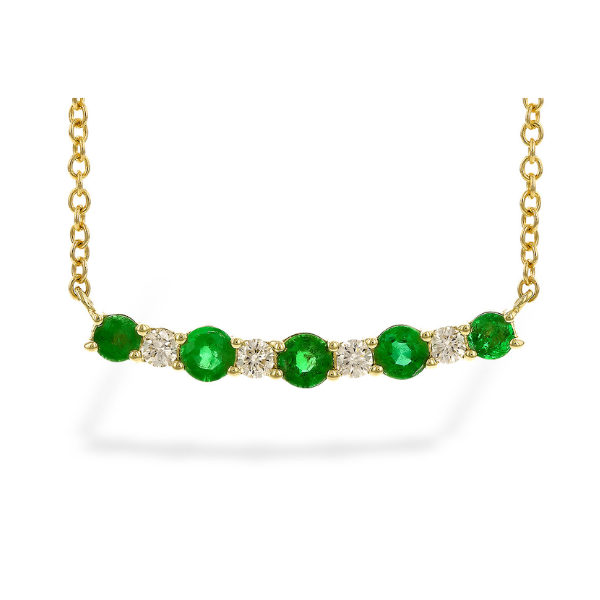 Emerald and round diamond necklace in 14K yellow gold with adjustable chain