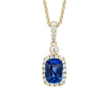 Blue sapphire pendant necklace with elongated cushion cut diamonds set in 14K yellow gold on a 16-18 inch chain