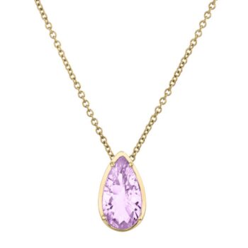 Light purple amethyst necklace with pear-shaped gemstones set in 14K yellow gold on adjustable chain