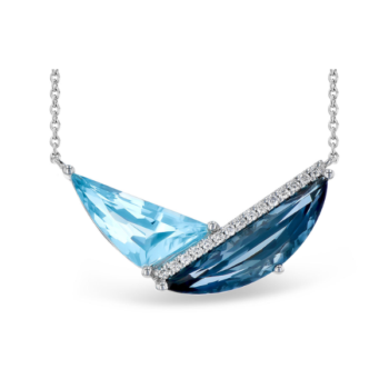 Blue topaz necklace with diamond accents set in 14K white gold on an eighteen-inch chain