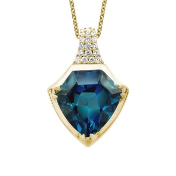 London Blue Topaz shield cut pendant necklace with diamond bail in 14K yellow gold on adjustable chain