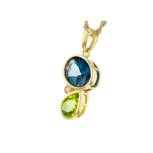 Blue topaz oval and diamond necklace set in 14K yellow gold on an 18-inch chain