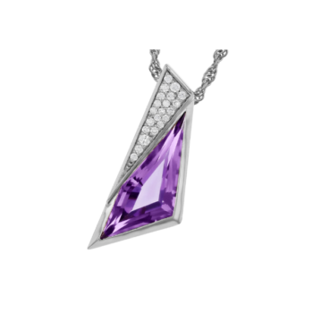 14K white gold necklace featuring a 2.24ct light purple amethyst pendant accented with diamond pavé on an eighteen-inch chain