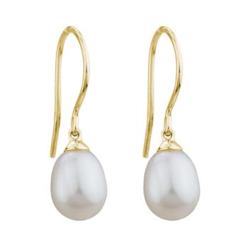 Freshwater pearl drop earrings with 8mm pearls on 14K yellow gold French wire hooks