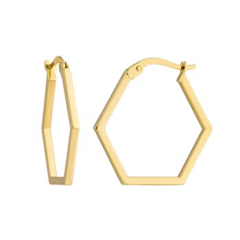 14K yellow gold honeycomb hexagon hoop earrings, 20mm diameter, geometric design