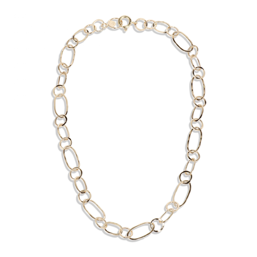 Multi Link Gold Necklace with hand-fabricated oval and round links in 14K yellow gold, hammered texture