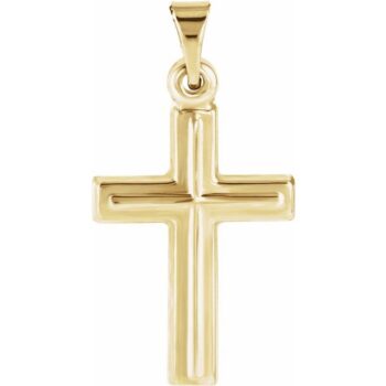 14K yellow gold cross pendant measuring 17 by 12 millimeters on a white background