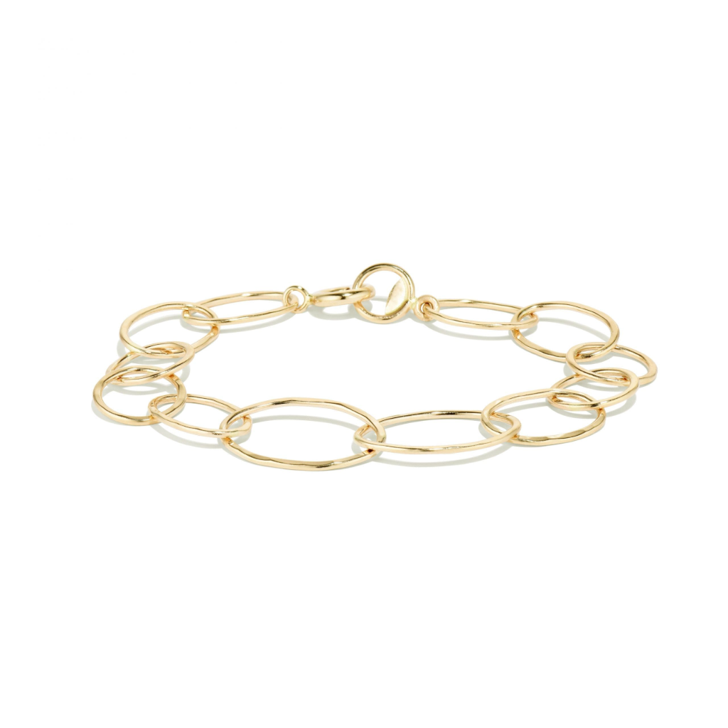 Multi Link bracelet featuring large hammered oval links in 14K yellow gold