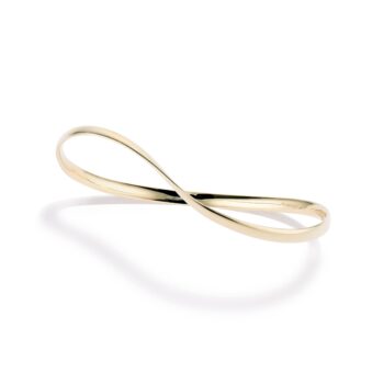 Mobius Twist bangle bracelet in lustrous 14K yellow gold with a large, sculptural centerpiece