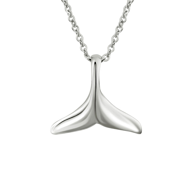Sterling silver necklace featuring a whale tail pendant on an adjustable cable chain