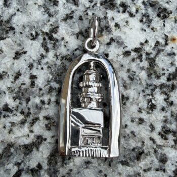 Sterling silver charm depicting the Two Lights Lighthouse with detailed twin towers and smooth polished finish