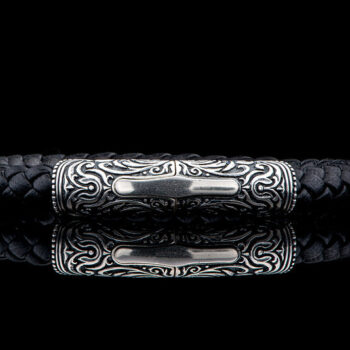 Milan Silver and Leather Men's Bracelet with black leather band and polished silver accents