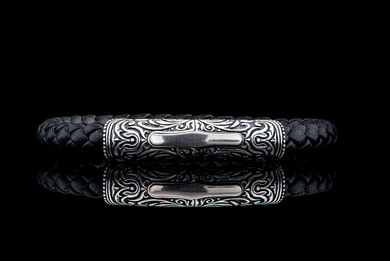 Milan Silver and Leather Men's Bracelet with black leather band and polished silver accents