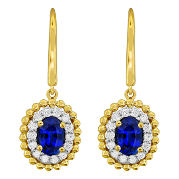 Oval Sapphire and Diamond Earrings in 18K Yellow Gold with French Wire