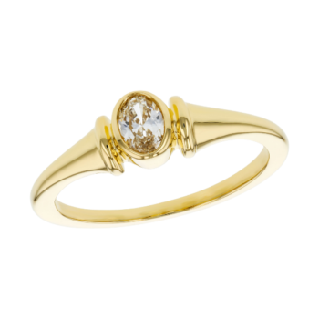 14K yellow gold ring featuring an oval bezel-set diamond with bar accents