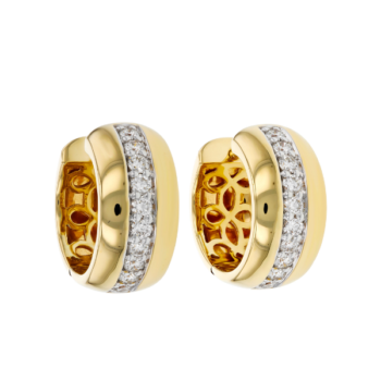 14K yellow gold round hoop earrings with a row of sparkling diamonds