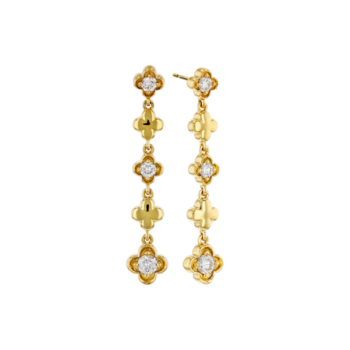 14K yellow gold earrings featuring clover-shaped diamond drop design