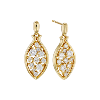 14K yellow gold open frame earrings featuring scattered diamonds