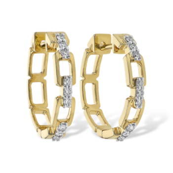 14K yellow gold chain design diamond huggie hoop earrings