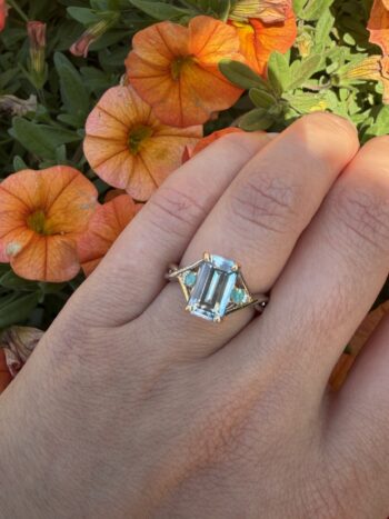 Split shank ring with zircon, Paraiba gemstone, and diamonds in 14K two-tone gold