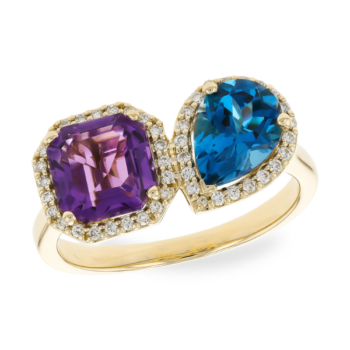Amethyst and Topaz Two-Tone Ring with Diamond Halo in 14K Yellow Gold