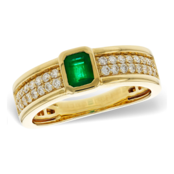 14K yellow gold band featuring a bezeled emerald and two rows of pavé diamonds