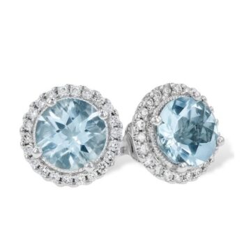 Aquamarine Stud Earrings with Diamond Halos in 14K White Gold